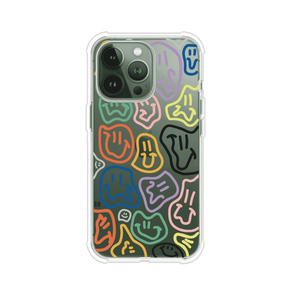 Funda para iPhone con diseño de caritas distorsionadas en colores neón sobre fondo negro. Estilo artístico, divertido y psicodélico. Diseño original de Remark MX