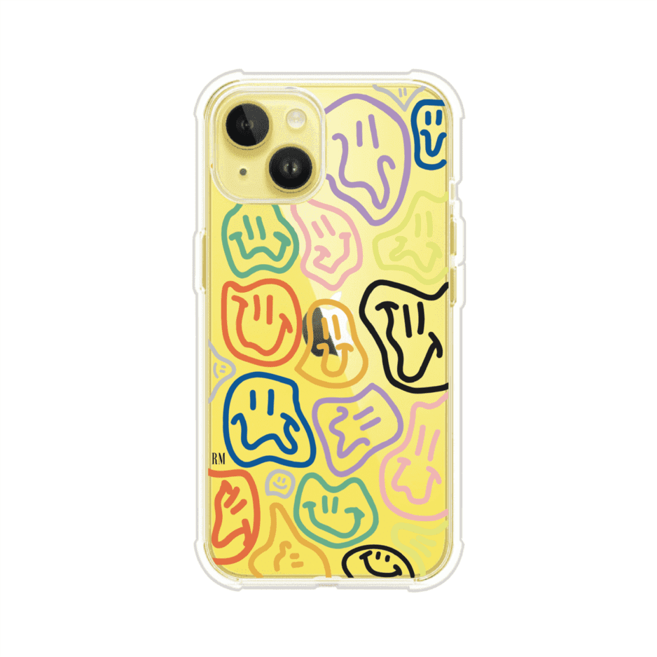 Funda para iPhone con diseño de caritas distorsionadas en colores neón sobre fondo negro. Estilo artístico, divertido y psicodélico. Diseño original de Remark MX