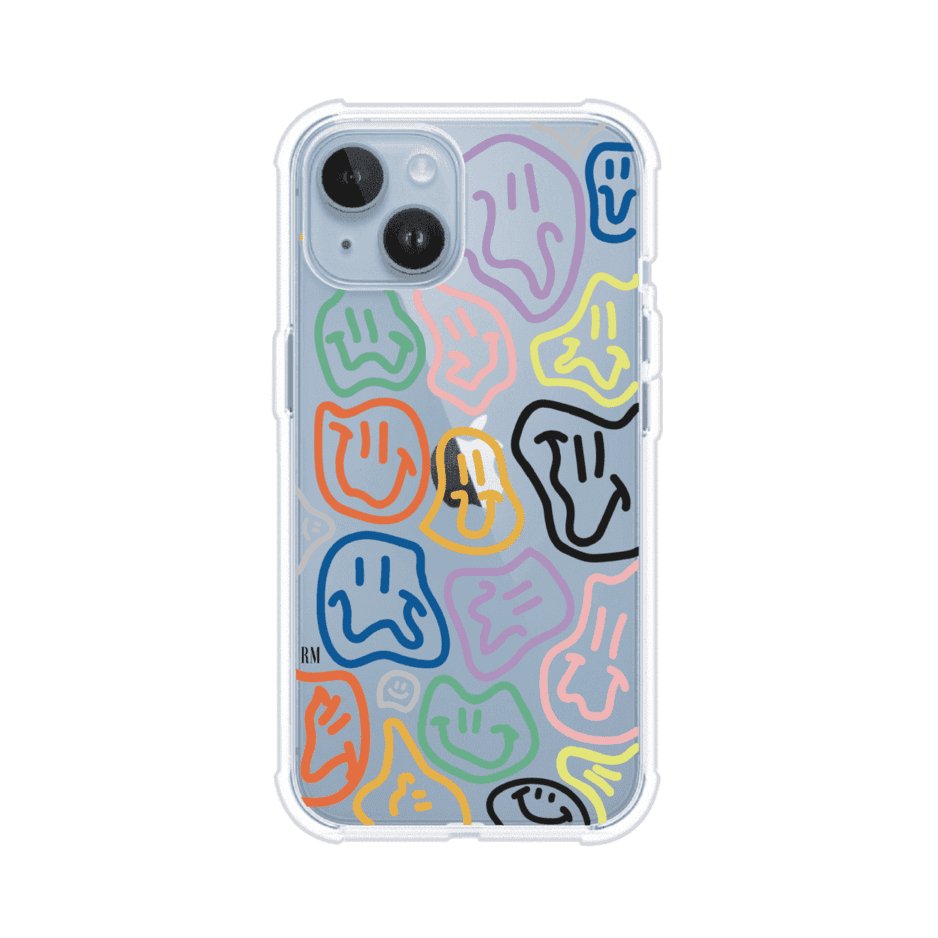 Funda para iPhone con diseño de caritas distorsionadas en colores neón sobre fondo negro. Estilo artístico, divertido y psicodélico. Diseño original de Remark MX
