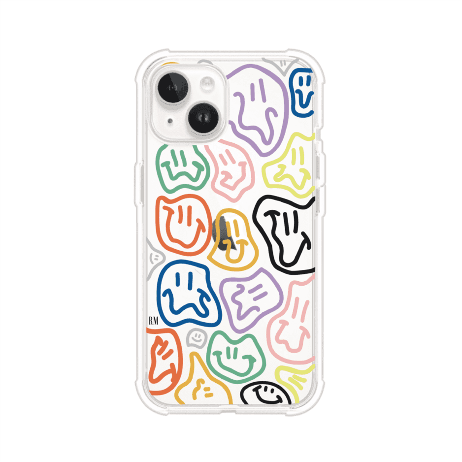 Funda para iPhone con diseño de caritas distorsionadas en colores neón sobre fondo negro. Estilo artístico, divertido y psicodélico. Diseño original de Remark MX