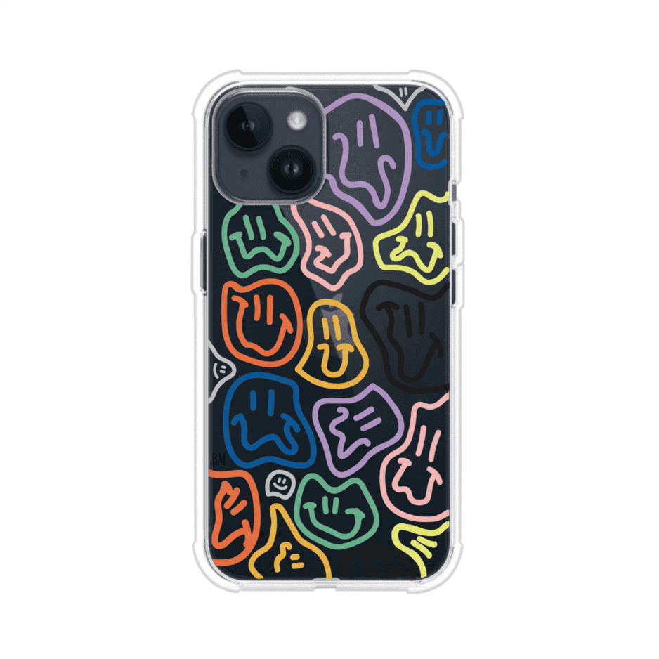 Funda para iPhone con diseño de caritas distorsionadas en colores neón sobre fondo negro. Estilo artístico, divertido y psicodélico. Diseño original de Remark MX