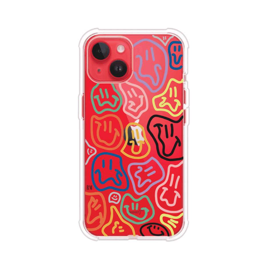 Funda para iPhone con diseño de caritas distorsionadas en colores neón sobre fondo negro. Estilo artístico, divertido y psicodélico. Diseño original de Remark MX