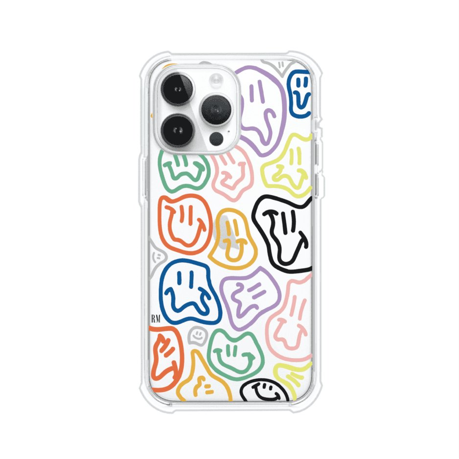 Funda para iPhone con diseño de caritas distorsionadas en colores neón sobre fondo negro. Estilo artístico, divertido y psicodélico. Diseño original de Remark MX