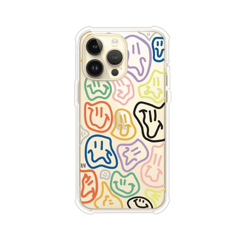 Funda para iPhone con diseño de caritas distorsionadas en colores neón sobre fondo negro. Estilo artístico, divertido y psicodélico. Diseño original de Remark MX