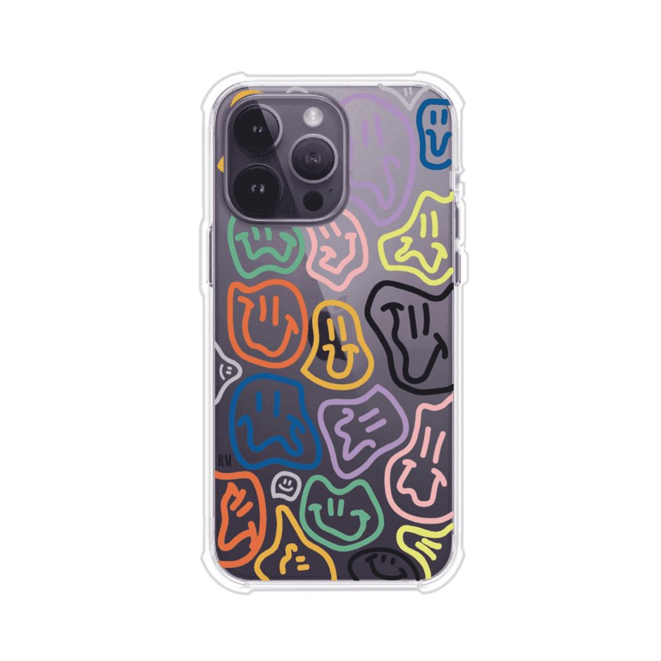 Funda para iPhone con diseño de caritas distorsionadas en colores neón sobre fondo negro. Estilo artístico, divertido y psicodélico. Diseño original de Remark MX