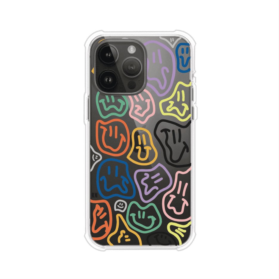 Funda para iPhone con diseño de caritas distorsionadas en colores neón sobre fondo negro. Estilo artístico, divertido y psicodélico. Diseño original de Remark MX