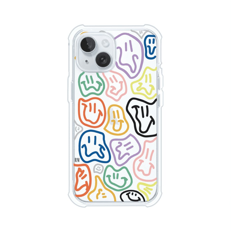 Funda para iPhone con diseño de caritas distorsionadas en colores neón sobre fondo negro. Estilo artístico, divertido y psicodélico. Diseño original de Remark MX