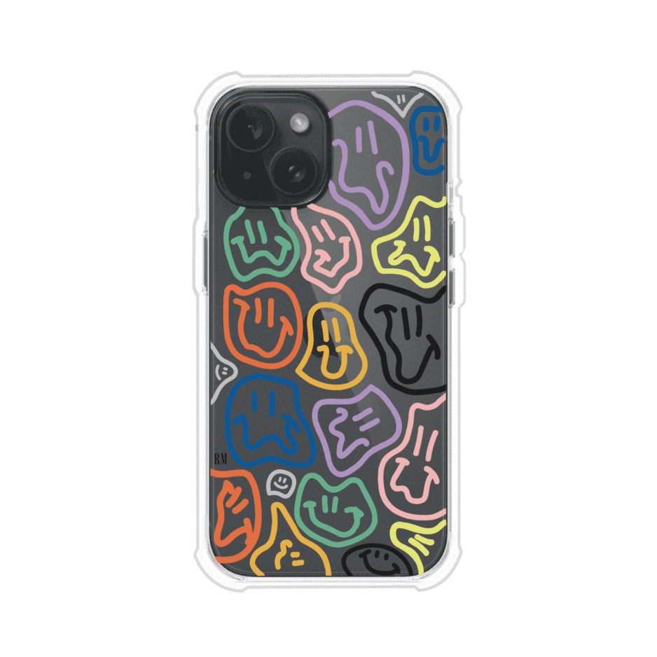 Funda para iPhone con diseño de caritas distorsionadas en colores neón sobre fondo negro. Estilo artístico, divertido y psicodélico. Diseño original de Remark MX