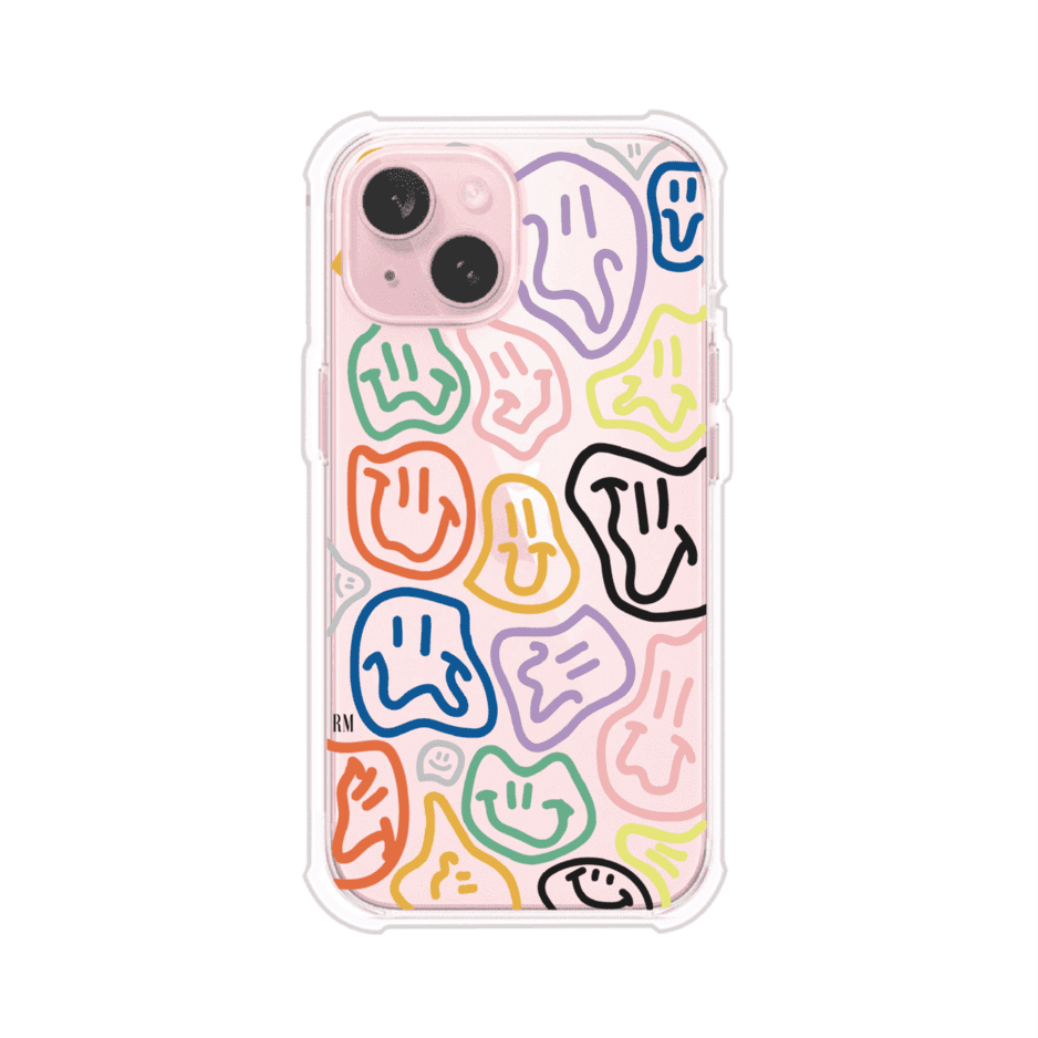 Funda para iPhone con diseño de caritas distorsionadas en colores neón sobre fondo negro. Estilo artístico, divertido y psicodélico. Diseño original de Remark MX