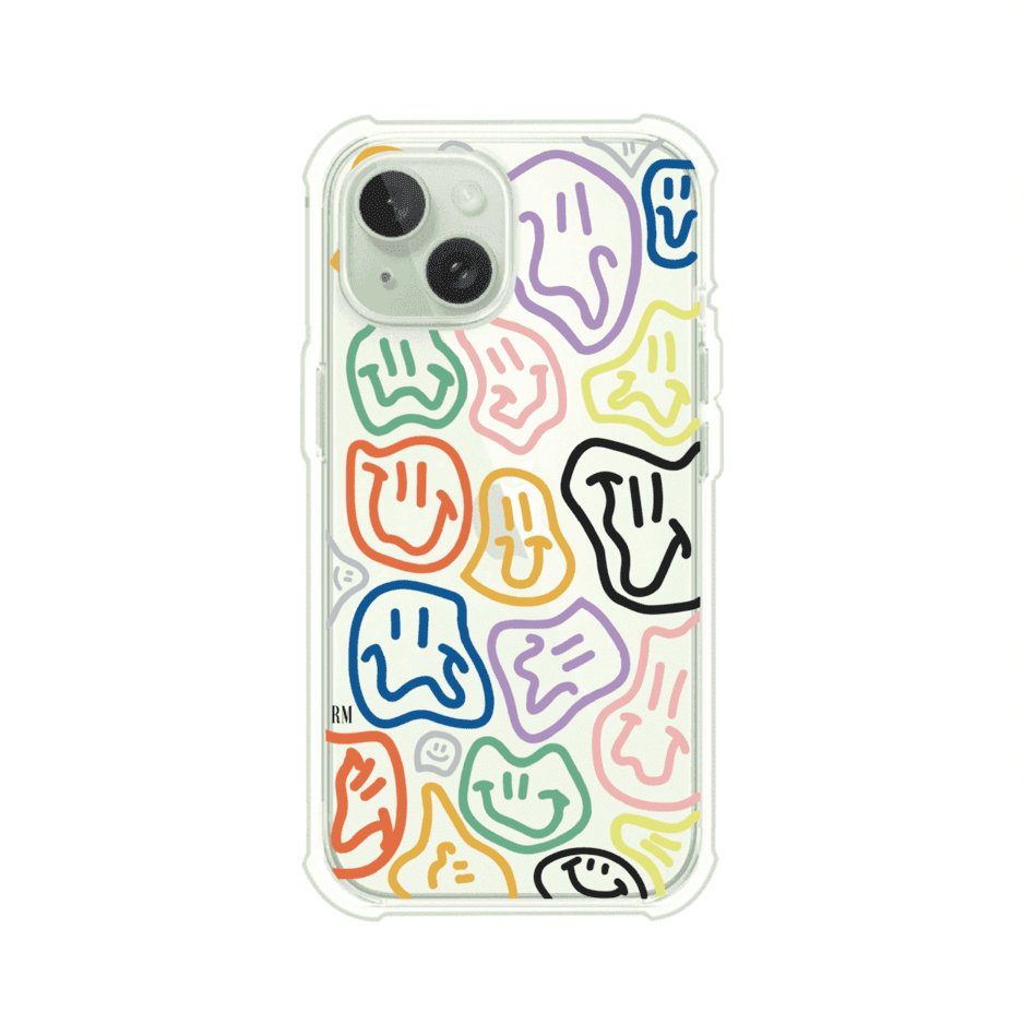 Funda para iPhone con diseño de caritas distorsionadas en colores neón sobre fondo negro. Estilo artístico, divertido y psicodélico. Diseño original de Remark MX
