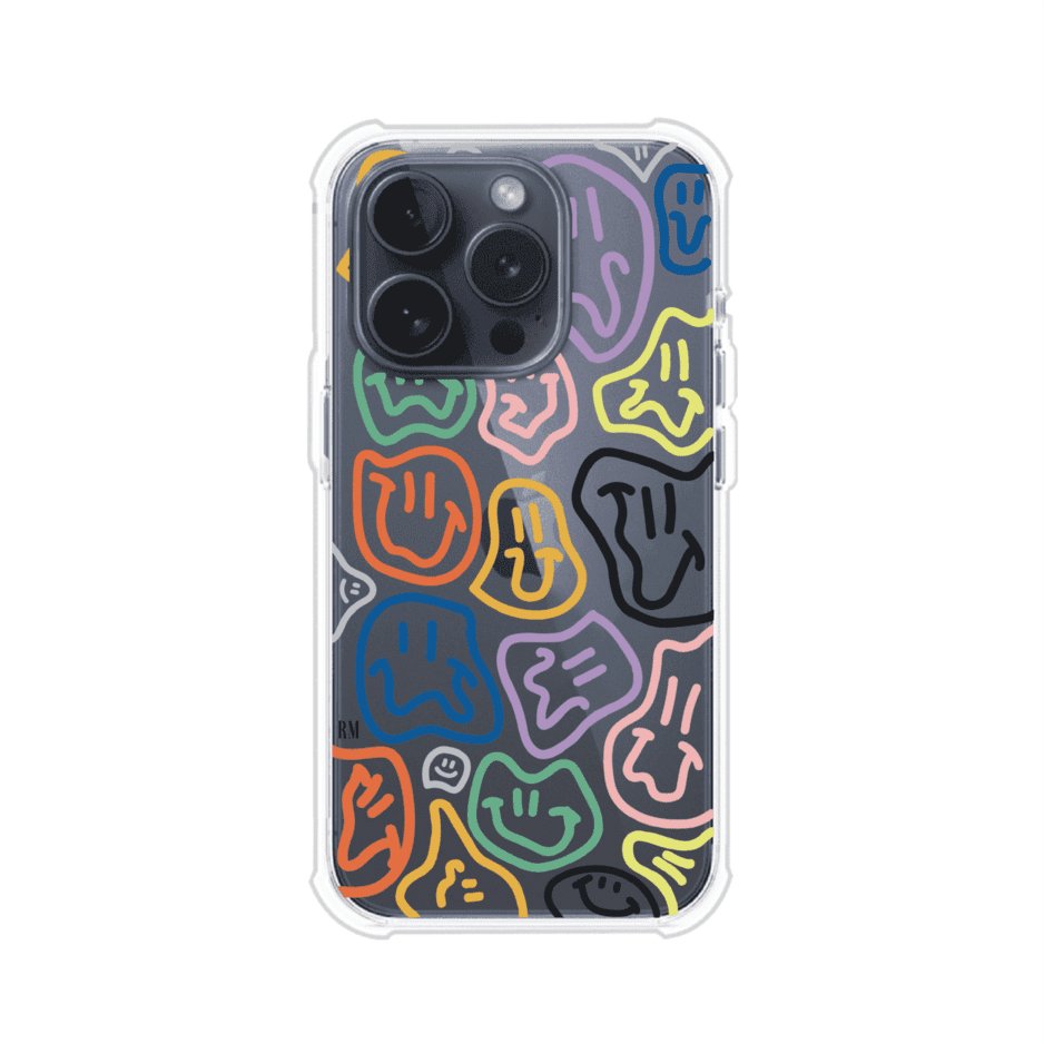Funda para iPhone con diseño de caritas distorsionadas en colores neón sobre fondo negro. Estilo artístico, divertido y psicodélico. Diseño original de Remark MX