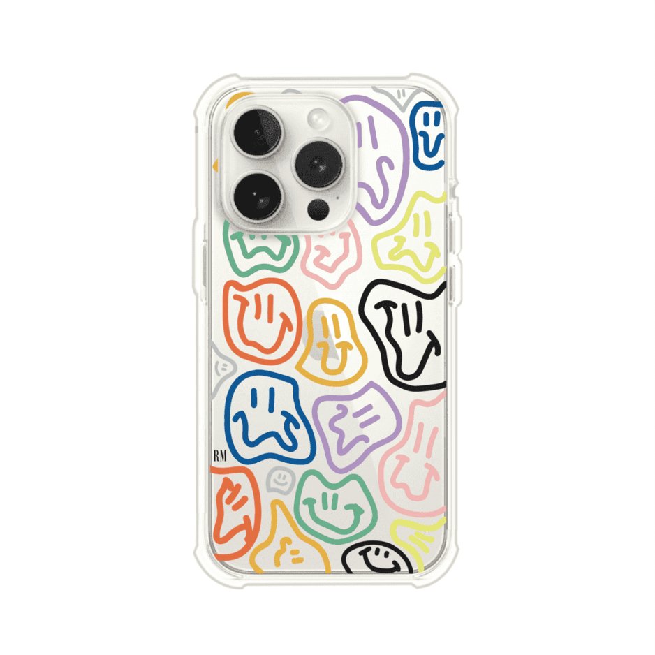 Funda para iPhone con diseño de caritas distorsionadas en colores neón sobre fondo negro. Estilo artístico, divertido y psicodélico. Diseño original de Remark MX