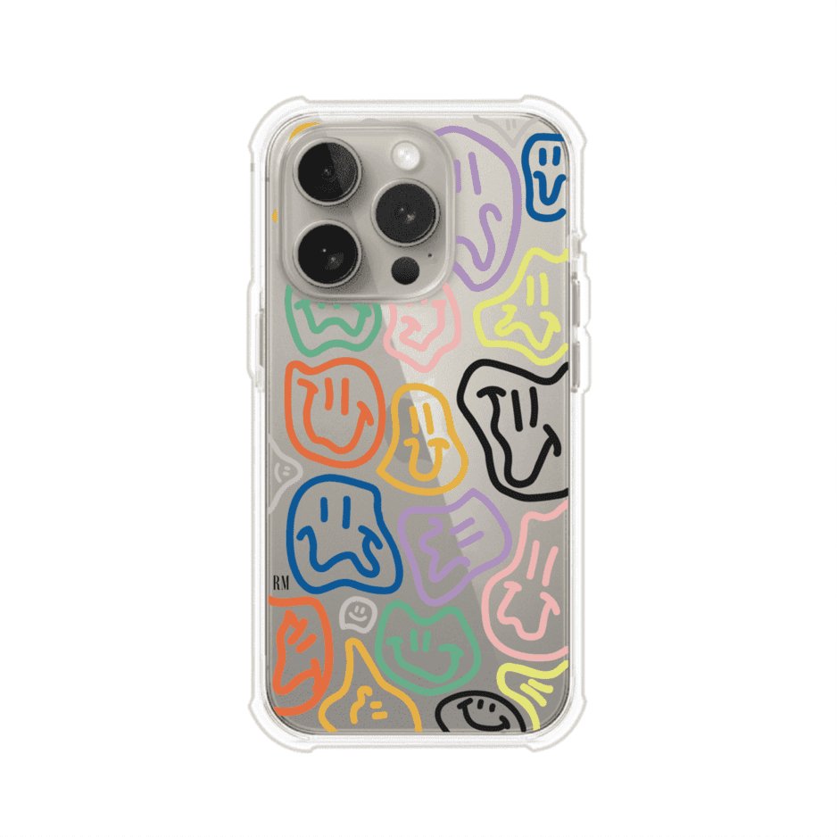 Funda para iPhone con diseño de caritas distorsionadas en colores neón sobre fondo negro. Estilo artístico, divertido y psicodélico. Diseño original de Remark MX