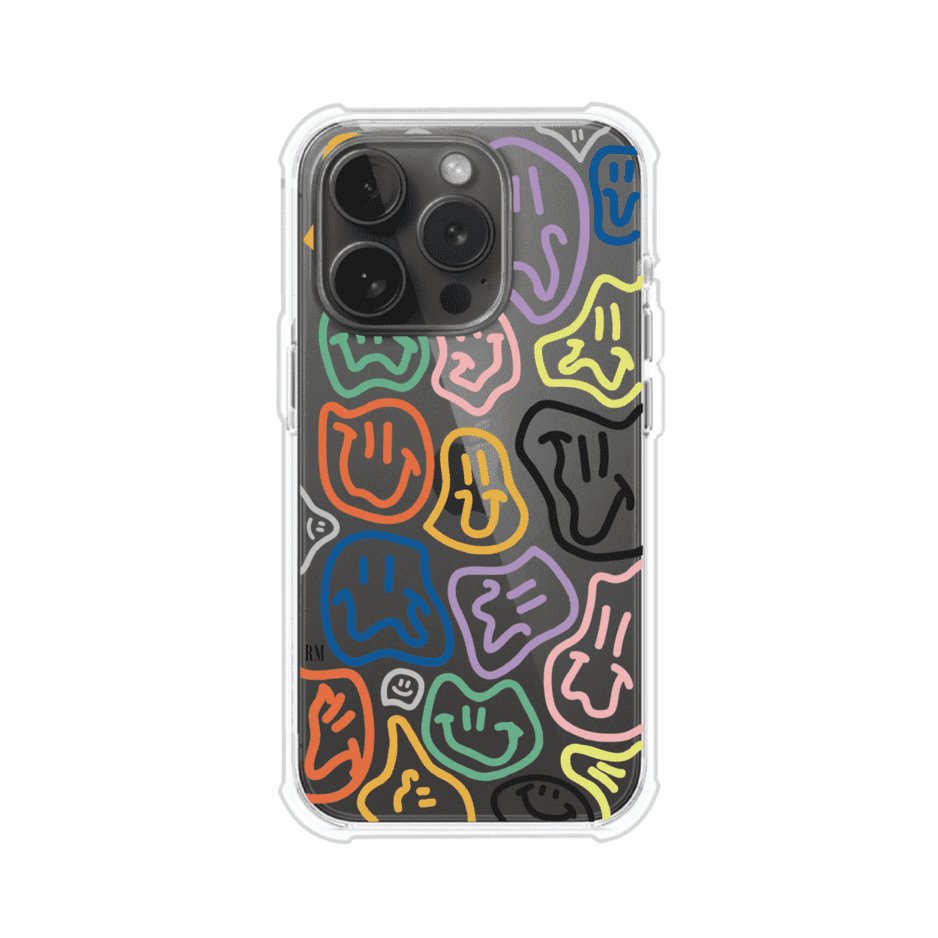 Funda para iPhone con diseño de caritas distorsionadas en colores neón sobre fondo negro. Estilo artístico, divertido y psicodélico. Diseño original de Remark MX