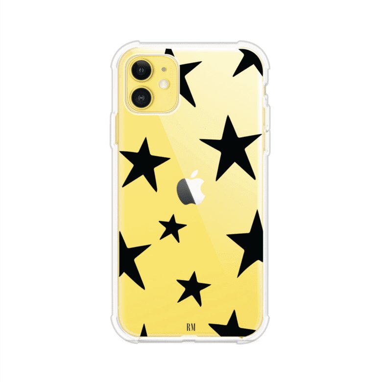 Funda personalizada para iPhone con diseño minimalista de estrellas negras sobre fondo transparente, estilo Black Stars de Remark MX