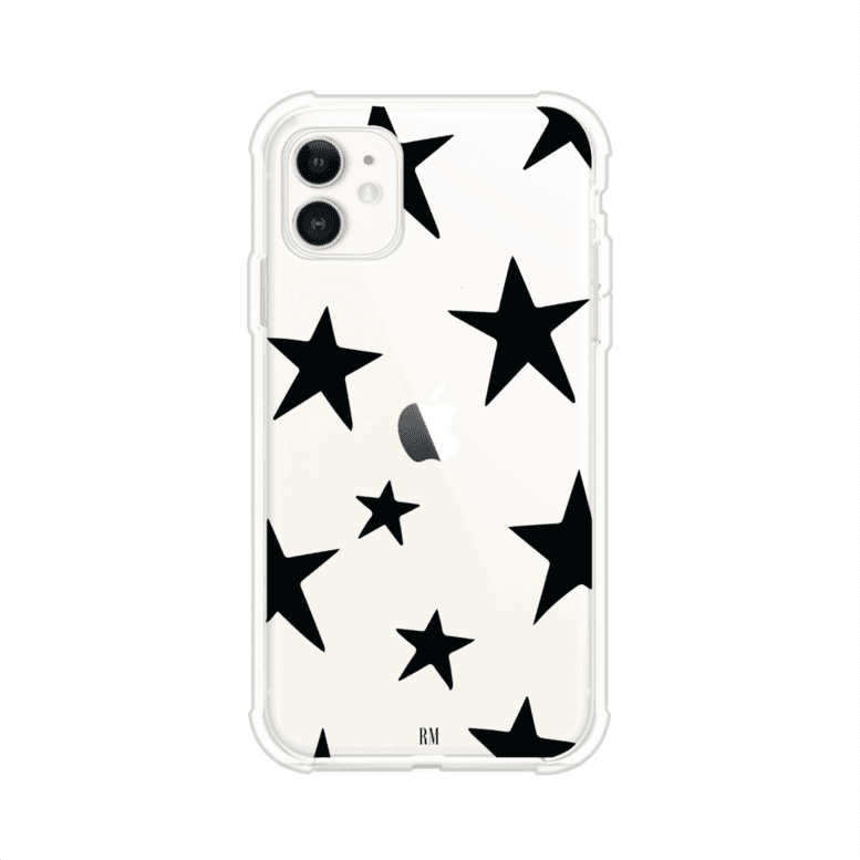 Funda personalizada para iPhone con diseño minimalista de estrellas negras sobre fondo transparente, estilo Black Stars de Remark MX