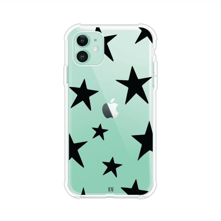 Funda personalizada para iPhone con diseño minimalista de estrellas negras sobre fondo transparente, estilo Black Stars de Remark MX