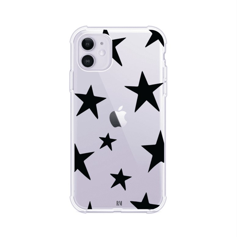 Funda personalizada para iPhone con diseño minimalista de estrellas negras sobre fondo transparente, estilo Black Stars de Remark MX