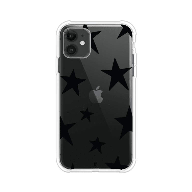 Funda personalizada para iPhone con diseño minimalista de estrellas negras sobre fondo transparente, estilo Black Stars de Remark MX