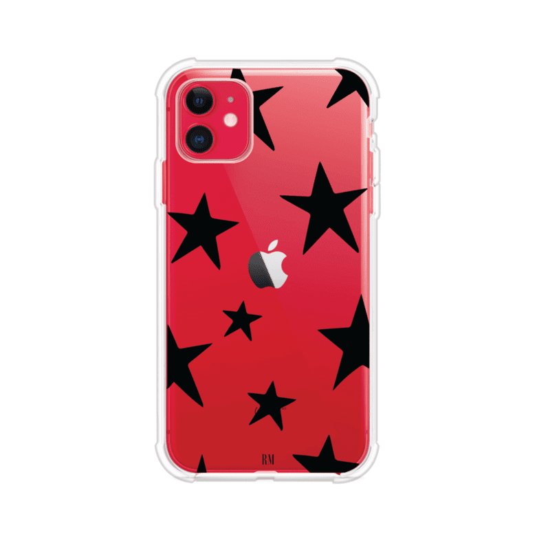 Funda personalizada para iPhone con diseño minimalista de estrellas negras sobre fondo transparente, estilo Black Stars de Remark MX