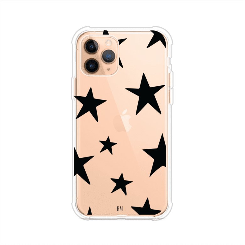 Funda personalizada para iPhone con diseño minimalista de estrellas negras sobre fondo transparente, estilo Black Stars de Remark MX