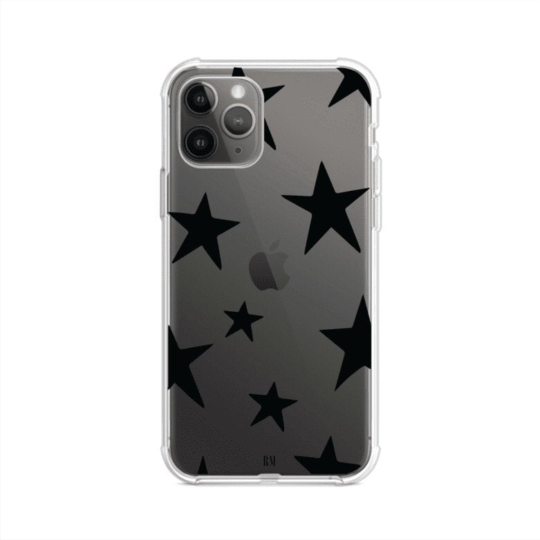 Funda personalizada para iPhone con diseño minimalista de estrellas negras sobre fondo transparente, estilo Black Stars de Remark MX