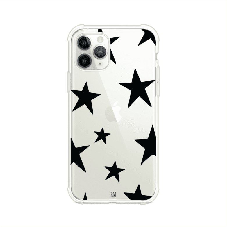 Funda personalizada para iPhone con diseño minimalista de estrellas negras sobre fondo transparente, estilo Black Stars de Remark MX