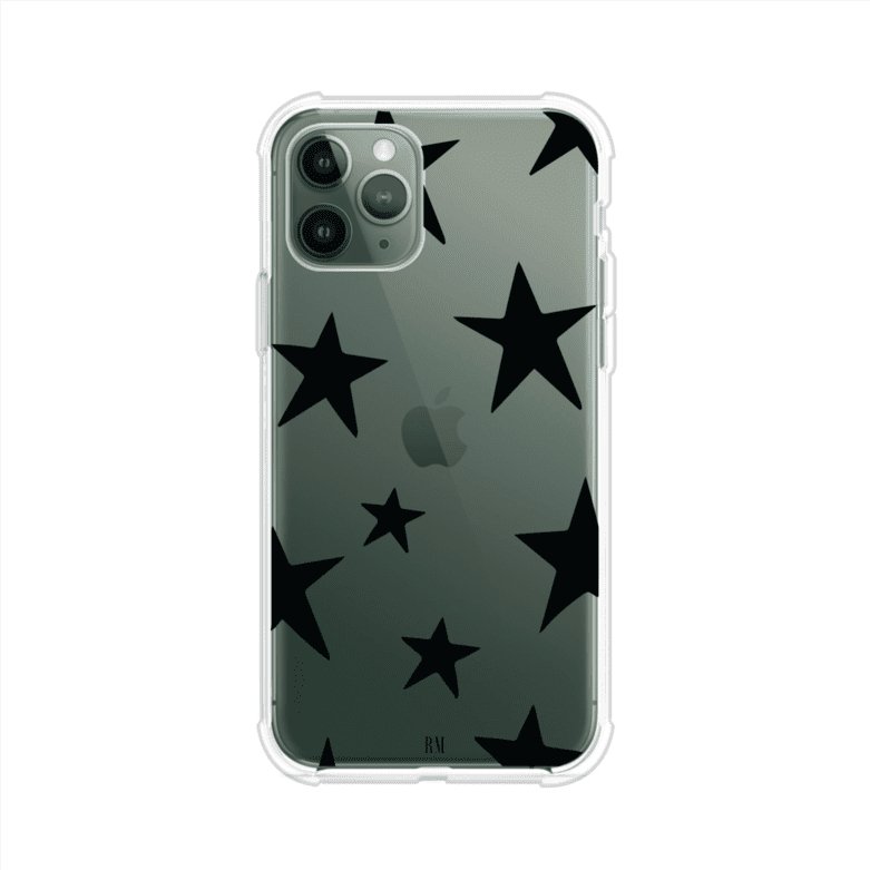 Funda personalizada para iPhone con diseño minimalista de estrellas negras sobre fondo transparente, estilo Black Stars de Remark MX