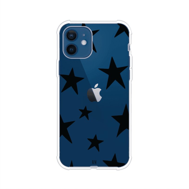 Funda personalizada para iPhone con diseño minimalista de estrellas negras sobre fondo transparente, estilo Black Stars de Remark MX