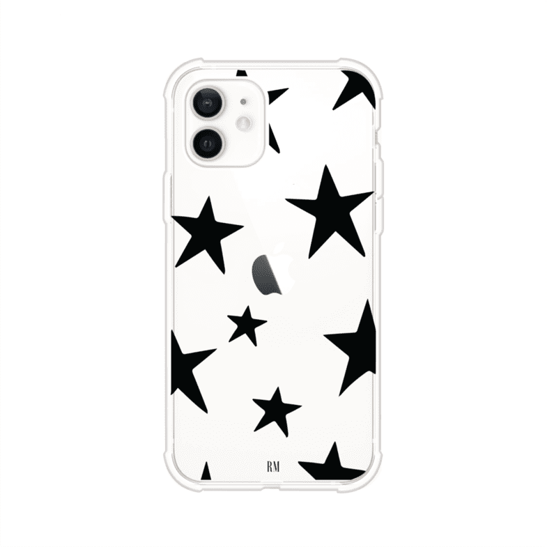 Funda personalizada para iPhone con diseño minimalista de estrellas negras sobre fondo transparente, estilo Black Stars de Remark MX