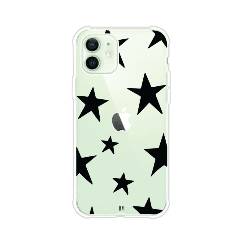 Funda personalizada para iPhone con diseño minimalista de estrellas negras sobre fondo transparente, estilo Black Stars de Remark MX