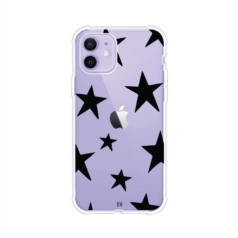 Funda personalizada para iPhone con diseño minimalista de estrellas negras sobre fondo transparente, estilo Black Stars de Remark MX