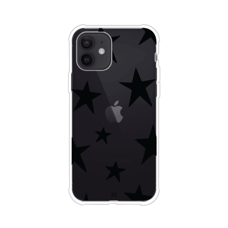 Funda personalizada para iPhone con diseño minimalista de estrellas negras sobre fondo transparente, estilo Black Stars de Remark MX