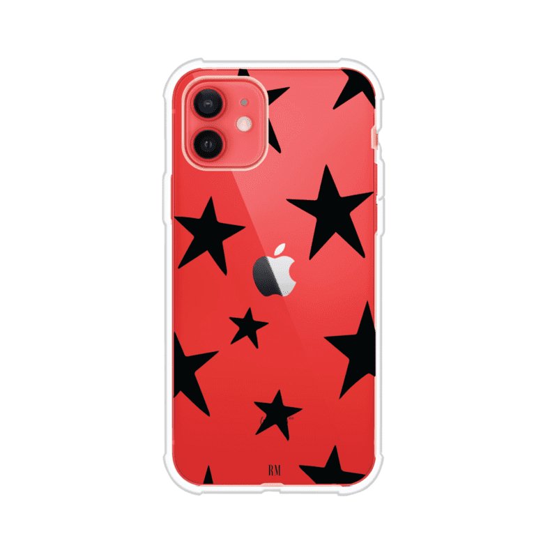 Funda personalizada para iPhone con diseño minimalista de estrellas negras sobre fondo transparente, estilo Black Stars de Remark MX