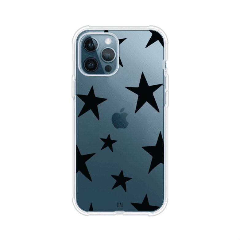 Funda personalizada para iPhone con diseño minimalista de estrellas negras sobre fondo transparente, estilo Black Stars de Remark MX