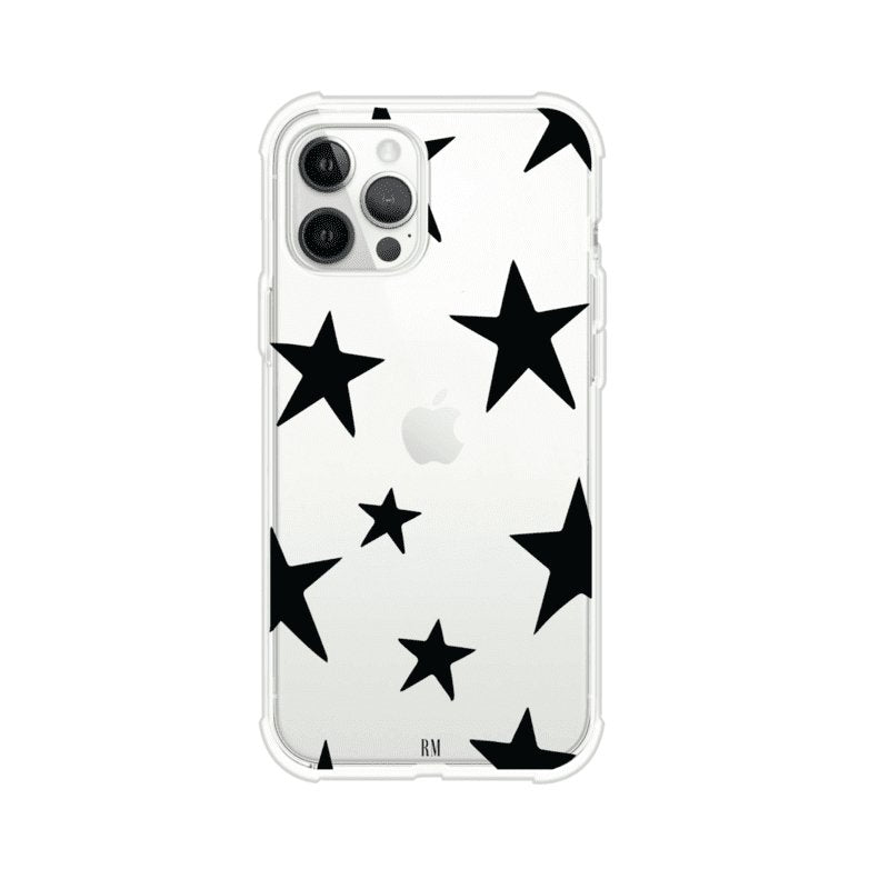 Funda personalizada para iPhone con diseño minimalista de estrellas negras sobre fondo transparente, estilo Black Stars de Remark MX