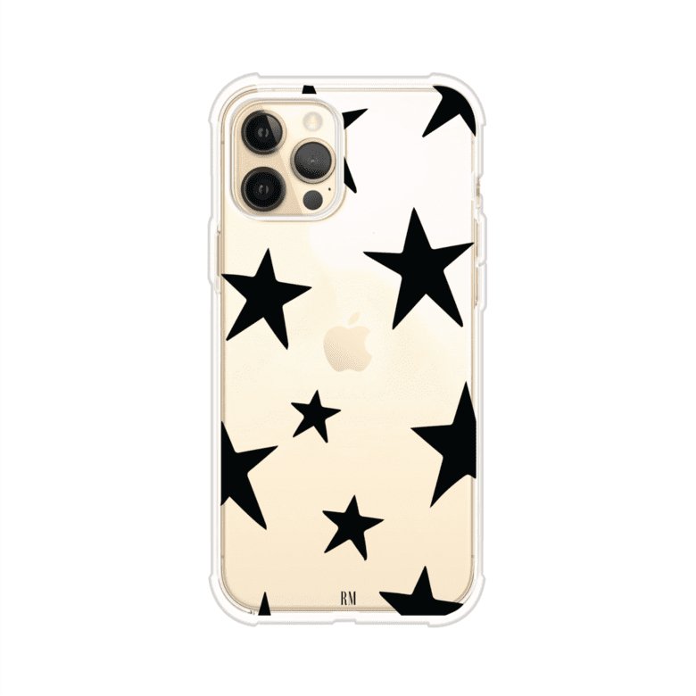 Funda personalizada para iPhone con diseño minimalista de estrellas negras sobre fondo transparente, estilo Black Stars de Remark MX