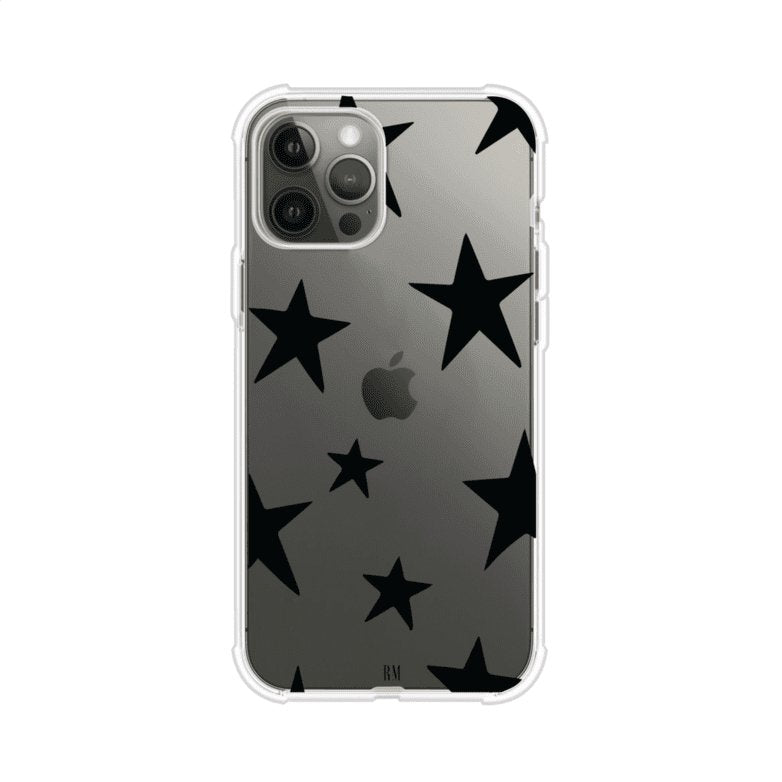 Funda personalizada para iPhone con diseño minimalista de estrellas negras sobre fondo transparente, estilo Black Stars de Remark MX