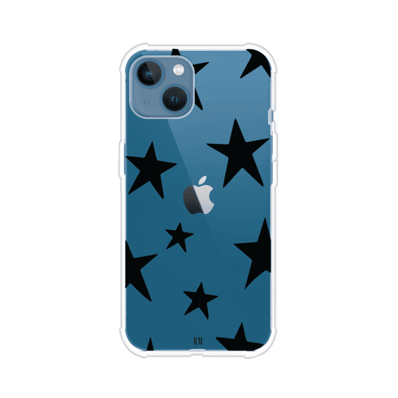 Funda personalizada para iPhone con diseño minimalista de estrellas negras sobre fondo transparente, estilo Black Stars de Remark MX