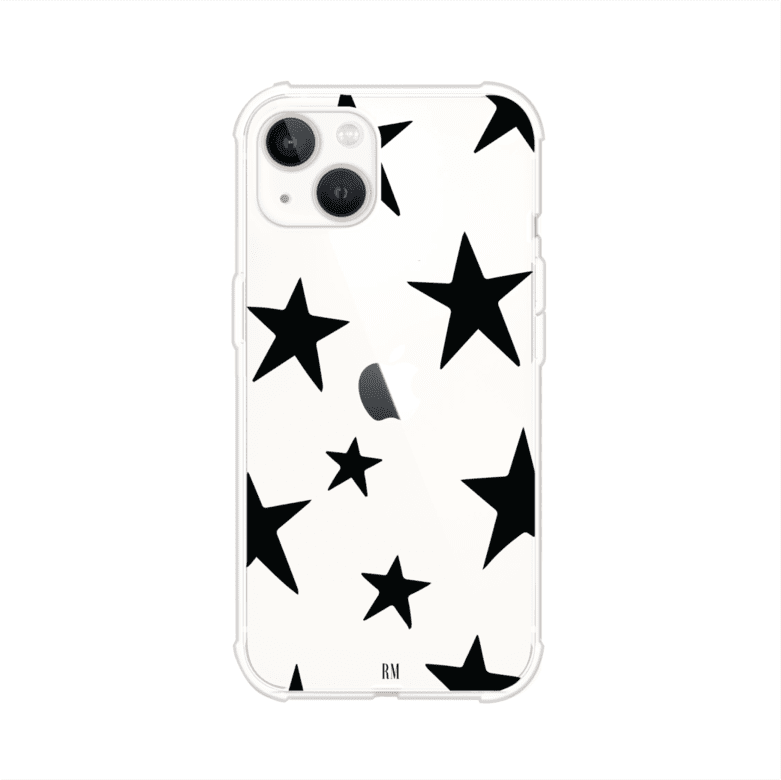 Funda personalizada para iPhone con diseño minimalista de estrellas negras sobre fondo transparente, estilo Black Stars de Remark MX