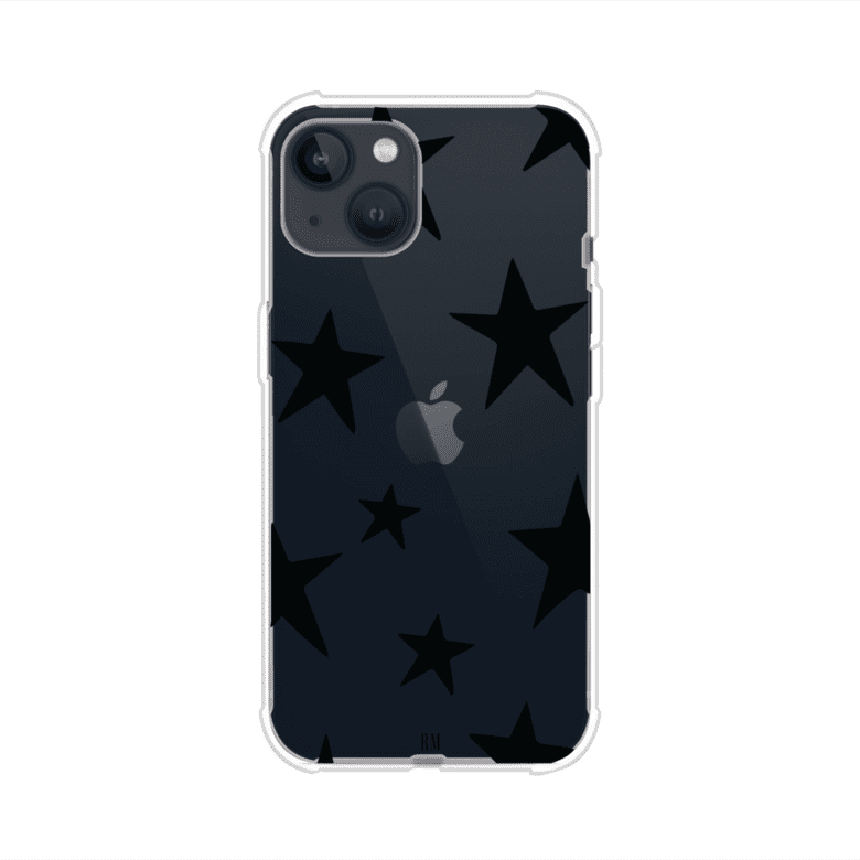 Funda personalizada para iPhone con diseño minimalista de estrellas negras sobre fondo transparente, estilo Black Stars de Remark MX