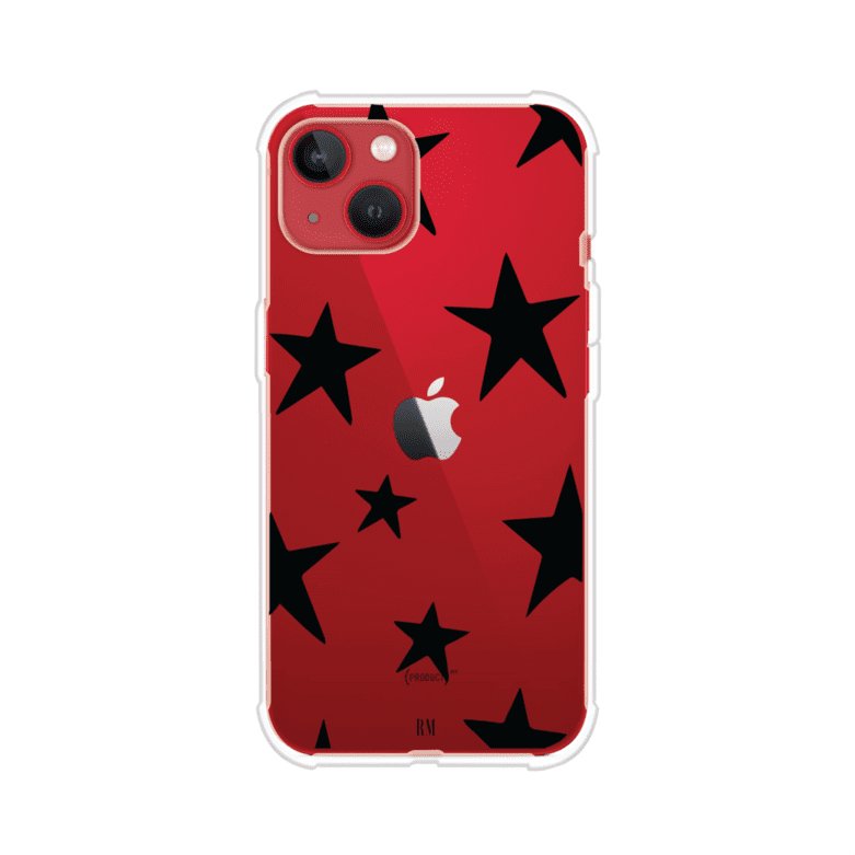 Funda personalizada para iPhone con diseño minimalista de estrellas negras sobre fondo transparente, estilo Black Stars de Remark MX