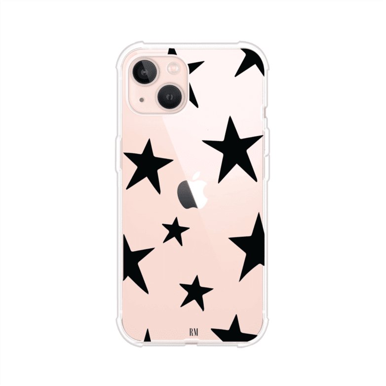 Funda personalizada para iPhone con diseño minimalista de estrellas negras sobre fondo transparente, estilo Black Stars de Remark MX