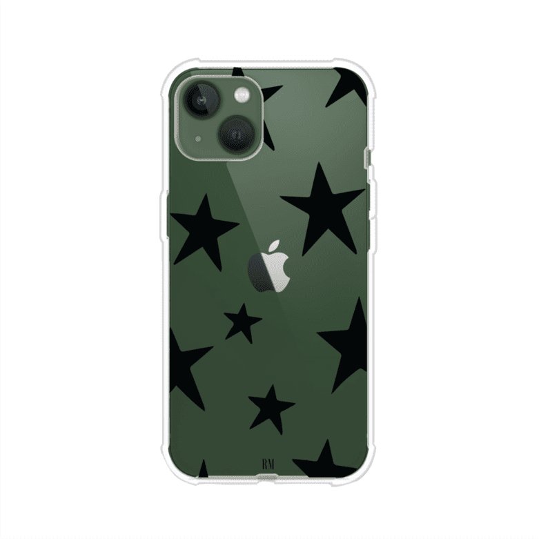 Funda personalizada para iPhone con diseño minimalista de estrellas negras sobre fondo transparente, estilo Black Stars de Remark MX