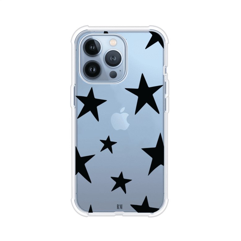 Funda personalizada para iPhone con diseño minimalista de estrellas negras sobre fondo transparente, estilo Black Stars de Remark MX