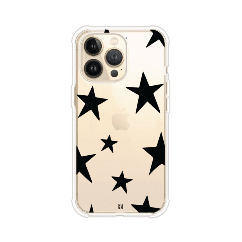Funda personalizada para iPhone con diseño minimalista de estrellas negras sobre fondo transparente, estilo Black Stars de Remark MX