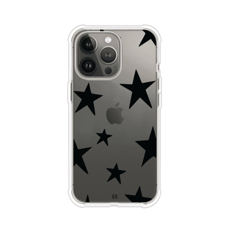 Funda personalizada para iPhone con diseño minimalista de estrellas negras sobre fondo transparente, estilo Black Stars de Remark MX