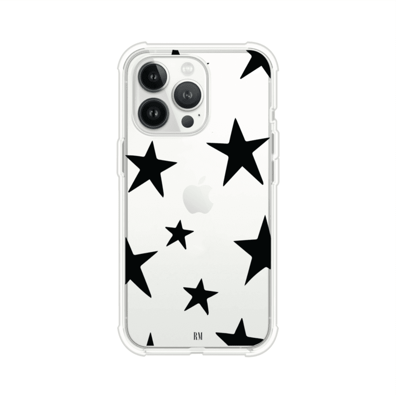 Funda personalizada para iPhone con diseño minimalista de estrellas negras sobre fondo transparente, estilo Black Stars de Remark MX