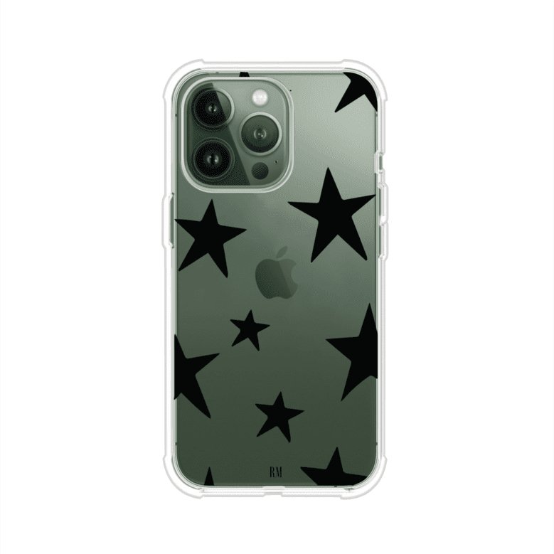 Funda personalizada para iPhone con diseño minimalista de estrellas negras sobre fondo transparente, estilo Black Stars de Remark MX