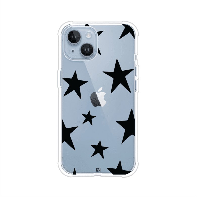 Funda personalizada para iPhone con diseño minimalista de estrellas negras sobre fondo transparente, estilo Black Stars de Remark MX